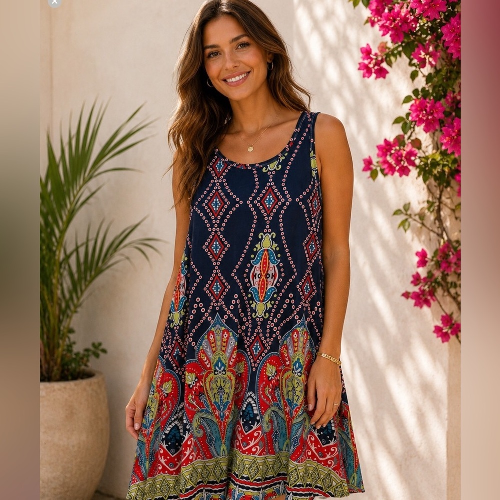XL Fire Los Angeles Navy Multicolor Boho Printed Sleeveless Shift Dress